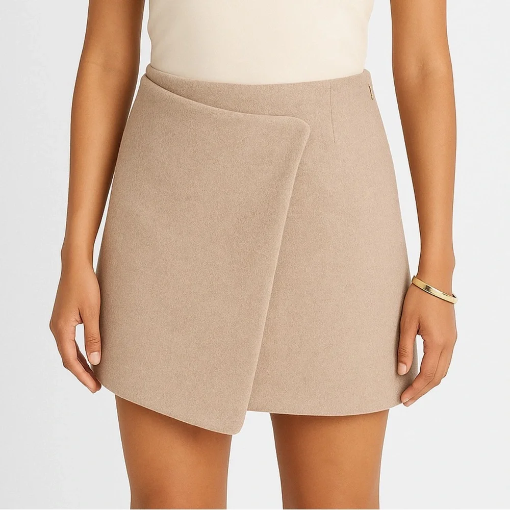 🆕🌾French Connection Beige Wrap Mini Skirt Asymmetrical Wool-Blend Size M (8)
